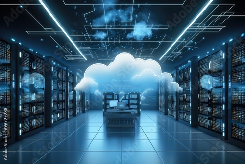Cloud computing concept with servers in data center 3D rendering toned image, Backup cloud data service center in 3D rendering, AI Generated photo