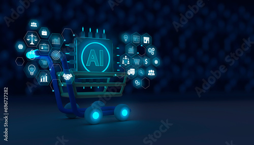 Marketing concept with the use of artificial intelligence, AI business development system. Shopping cart with AI chip and marketing icons. Shopping cart with depth of field and space for text photo