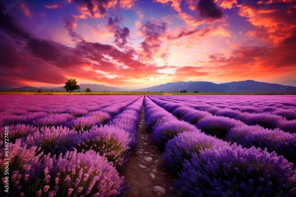 Obraz premium Beautiful sunset over lavender field in Provence, France, Beautiful lavender field landscape view at sunset, AI Generated