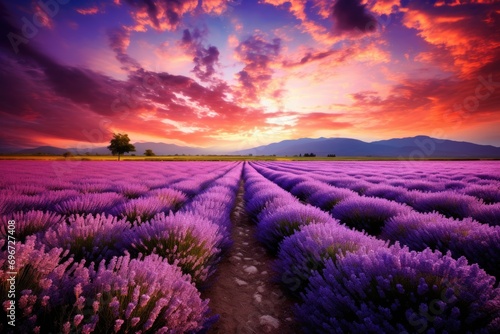 Beautiful sunset over lavender field in Provence  France  Beautiful lavender field landscape view at sunset  AI Generated