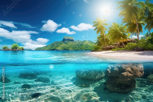Tropical beach at Seychelles, La Digue island, Beautiful tropical island landscape view on a sunny day, AI Generated