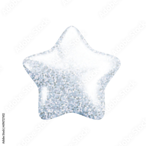 Vector 3d silver glitter textured star icon on white background. Cute realistic cartoon 3d render, glossy sparkling metallic star Illustration for customer rating concept, xmas decoration, game, app