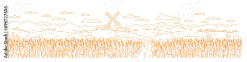 Rural landscape panorama field with a mill. Wheat spikelet in the foreground. Vector line. Editable outline stroke.