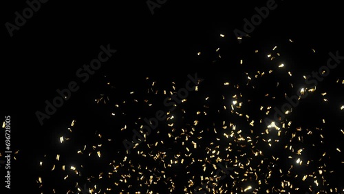 Beautiful Confetti Explosion Gold Color on Black Background with Alpha Mask. Falling Golden Confetti Firecracker Isolated 3d Animation. New Year Cracker 4k Ultra HD 3840x2160 photo