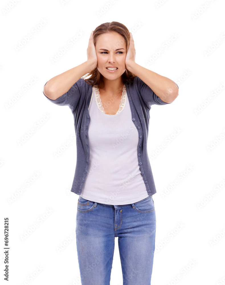 Block ears, white background or woman with headache with anxiety, bad mistake or burnout. Stress, angry or dizzy person in studio frustrated by fatigue, migraine pain or brain fog in debt crisis Block ears, white background or woman with headache with anxiety, bad mistake or burnout. Stress, angry or dizzy person in studio frustrated by fatigue, migraine pain or brain fog in debt crisis