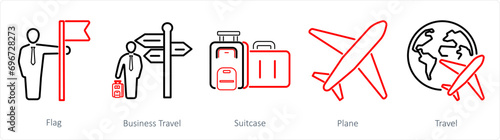 A set of 5 mix icons as flag, business travel, suitcase