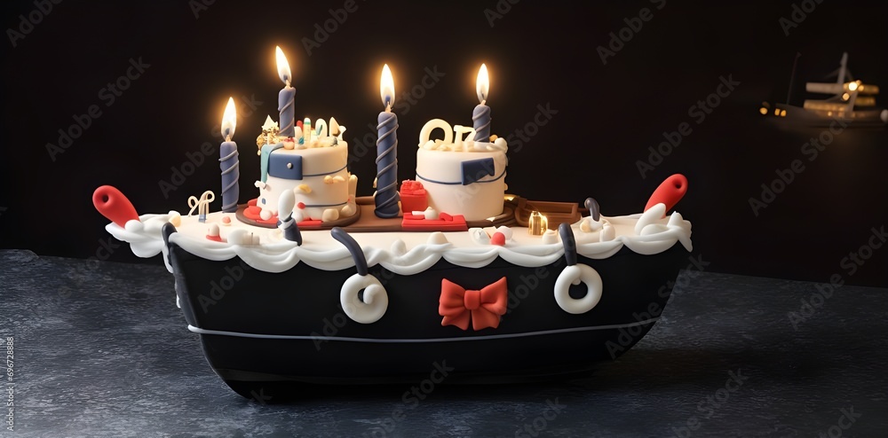 Boat design Birthday cake with candles on it, celebration decorative lights, with copy space, attractive blurred black background Boat design Birthday cake with candles on it, celebration decorative lights, with copy space, attractive blurred black background