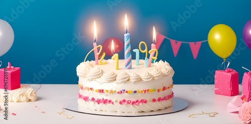 Birthday cake with candles on it  wooden table with copy space  celebration decorative lights  attractive blurred background