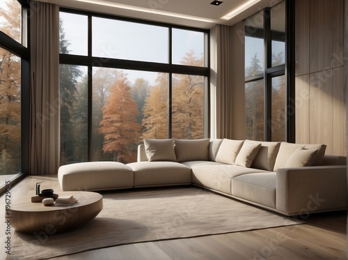 Beige corner sofa in room with round floor to ceiling window. Minimalist home interior design