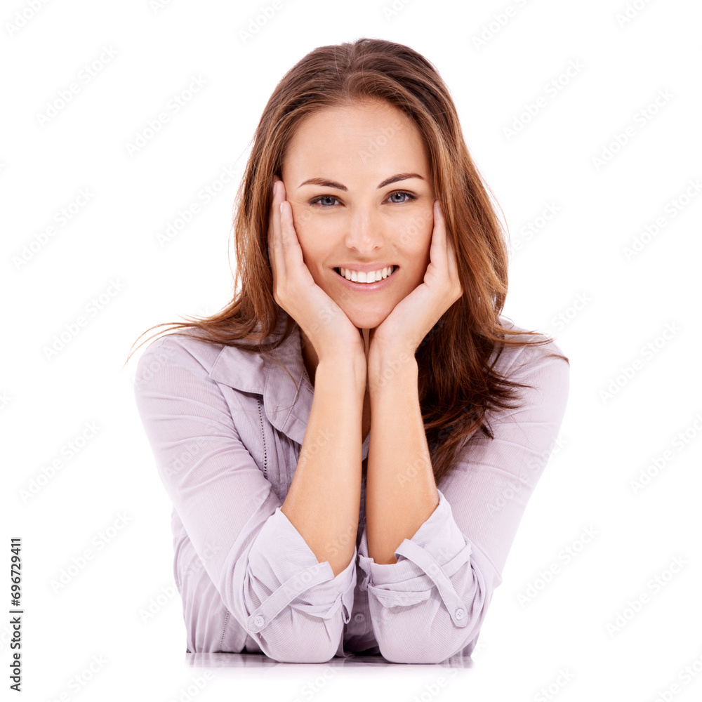 Portrait, smile and fashion with a casual woman in studio isolated on white background for trendy style. Hands, face and happy young clothing designer in casual outfit for job, work or career Portrait, smile and fashion with a casual woman in studio isolated on white background for trendy style. Hands, face and happy young clothing designer in casual outfit for job, work or career