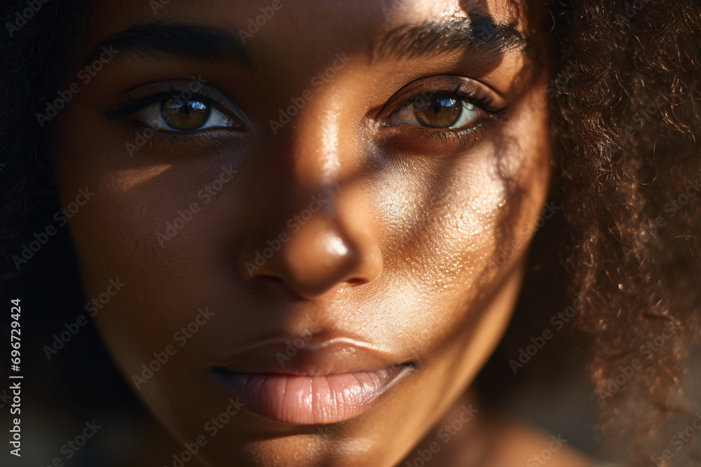 Close up of young black woman's face with sunlight casting shadows Close up of young black woman's face with sunlight casting shadows