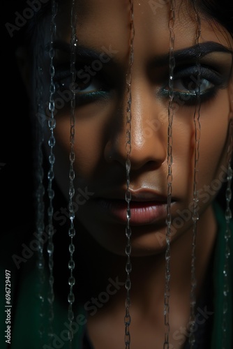 a portrait of indian woman with tears, a concept of mental health and human trafficking