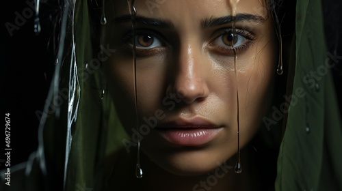 a portrait of indian woman with tears, a concept of mental health and human trafficking photo