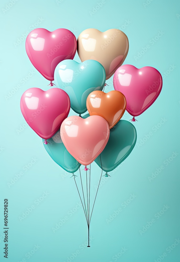 colorful heart shaped balloons flying in the air with pastel background