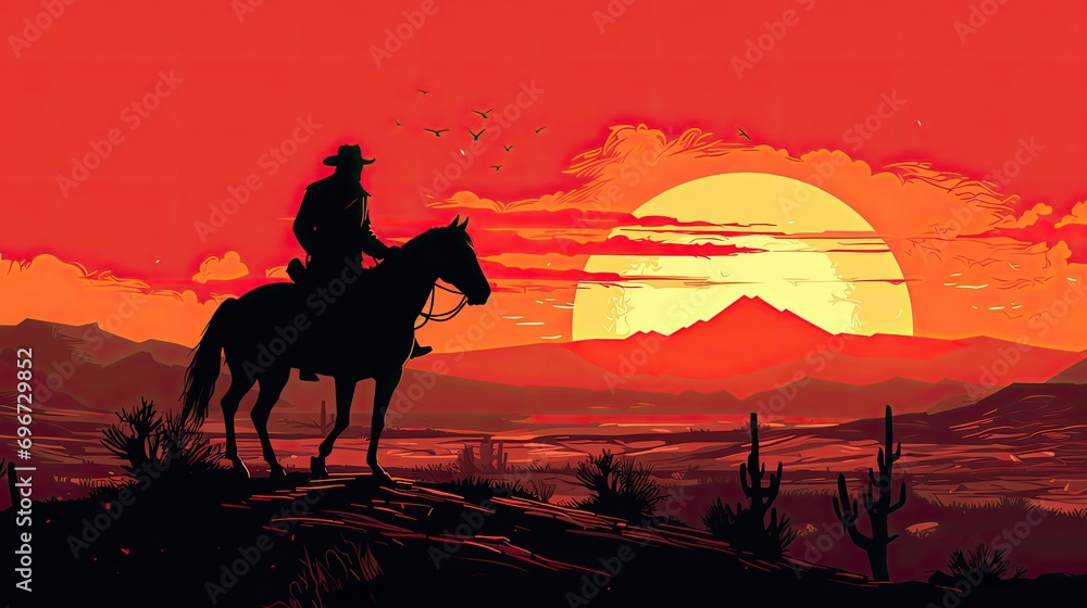 Silhouette of Cowboy riding horses at sunset
