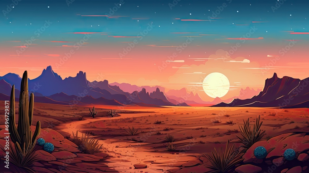Desert landscape at sunset or sunrise. Texas western mountains and cactuses.