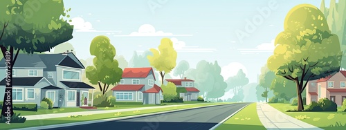 the landscape of the street of a quiet suburb with houses trees and a road in the daytime