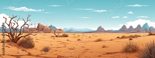 Cartoon desert landscape with, hills, sun and mountains