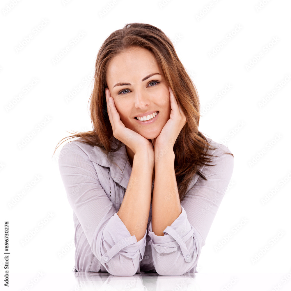 Portrait, casual or fashion happy woman in studio isolated on white background for trendy style. Hands, face or young clothing designer in elegant outfit for job, work or career with smile or pride Portrait, casual or fashion happy woman in studio isolated on white background for trendy style. Hands, face or young clothing designer in elegant outfit for job, work or career with smile or pride