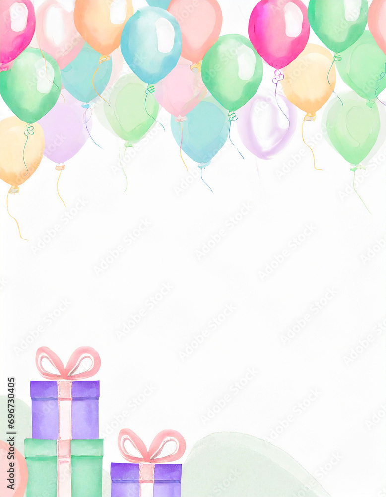 Balloons of various colors are floating, and gift boxes are piled underneath them. Pastel tone background, celebration, love confession, anniversary