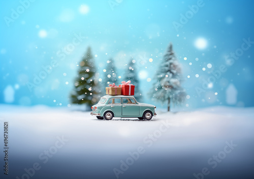 Santa Claus drives through the forest in winter with a turquoise car and Christmas presents