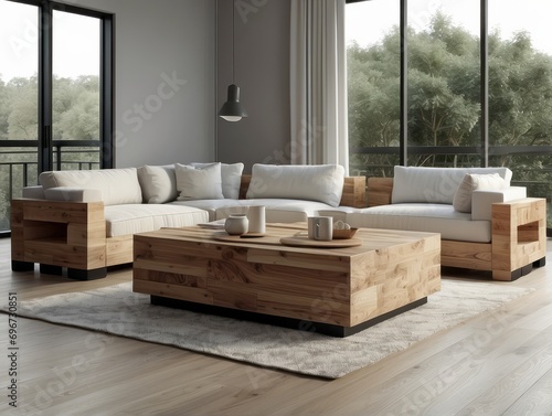 Cubic wooden coffee table between white sofa and armchairs. Scandinavian style home