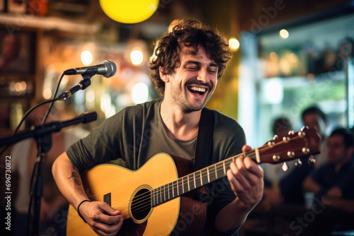 Cheerful musician performing guitar in a pub