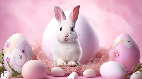 Happy easter Cute bunny sitting on the nest with easter eggs with soft pastel pink background