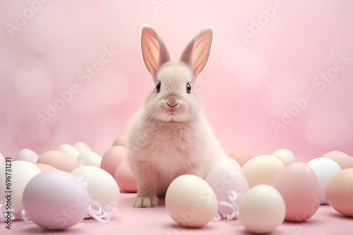 Happy easter Cute bunny sitting with easter eggs with soft pastel pink background