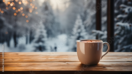 Cup with hot drink on wood table over winter forest blur copy space background