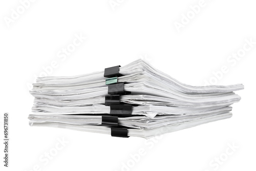 Stack of papers with paper clips, office folders. Transparent background. PNG.