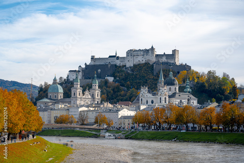 Beautiful autunm view of Salzburg skyline with Salzach river photo