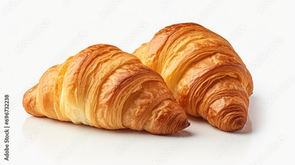 Two delicious croissants placed on a clean white surface. Perfect for bakery or breakfast-themed projects Two delicious croissants placed on a clean white surface. Perfect for bakery or breakfast-themed projects