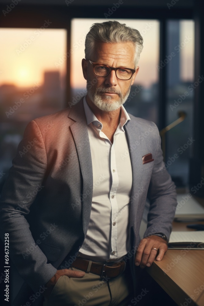 Naklejka premium A man wearing a suit and glasses standing in front of a window. Suitable for business and professional concepts