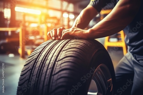 A man is seen working on a tire in a garage. This image can be used to depict automotive repair or maintenance