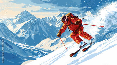 One Person Skiing Downhill in Winter Mountains