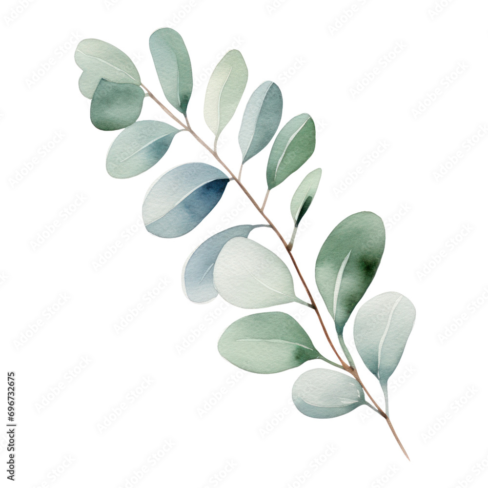 Watercolor illustration of a green leaves brunch,  eucalyptus isolated on background. PNG transparent background.