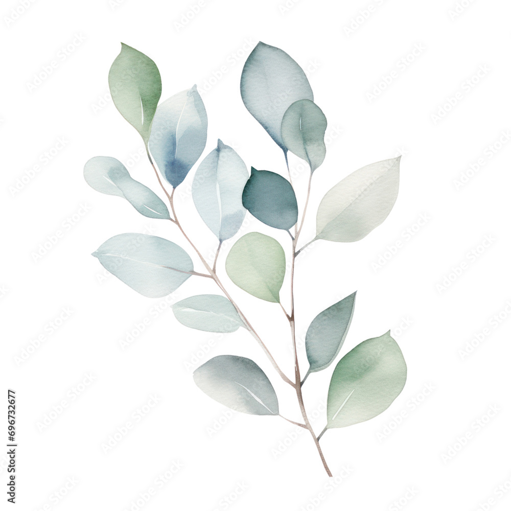 Watercolor illustration of a green leaves brunch,  eucalyptus isolated on background. PNG transparent background.