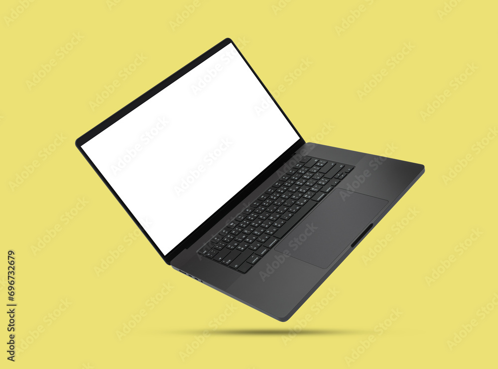 Laptop or notebook space black with blank screen isolated with clipping path on yellow background. Laptop or notebook space black with blank screen isolated with clipping path on yellow background.