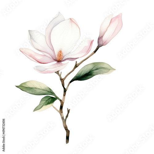 Watercolor illustration of a Magnolia flower branch isolated on background. PNG transparent background. © yelosole