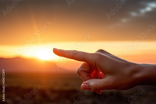 A person's hand pointing towards the sun. Can be used to represent hope, inspiration, or direction