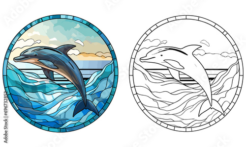 Dolphin in Waves Stained Glass Style Coloring Page and Flat Color Cover Design Vector