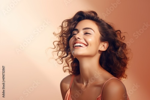 A woman with curly hair smiling and looking up. Suitable for advertisements and lifestyle articles