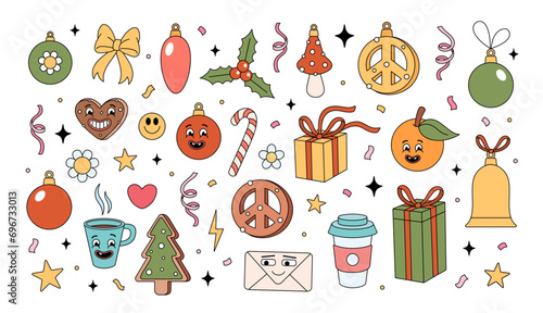 Set of Merry Christmas groovy elements. Groovy Hippie holiday collection stickers. Christmas objects in retro 70s style. Vector hand drawn illustration.