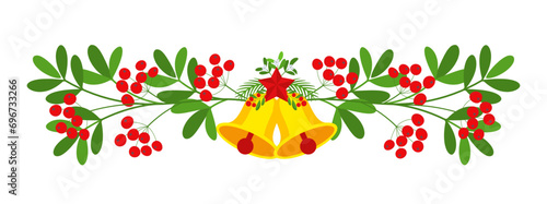 Christmas garland with bells and plant branches, flowers and berries.