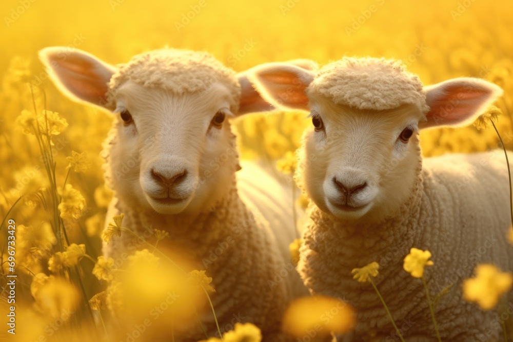 Fototapeta premium Two sheep standing in a field of vibrant yellow flowers. Perfect for nature and agriculture-related projects