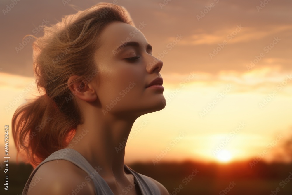A woman standing with her eyes closed, enjoying the beautiful sunset. Ideal for relaxation and mindfulness concepts