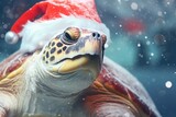 A close up view of a turtle wearing a festive Santa hat. Perfect for holiday-themed designs and Christmas promotions