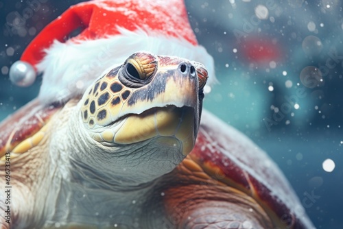 A close up view of a turtle wearing a festive Santa hat. Perfect for holiday-themed designs and Christmas promotions
