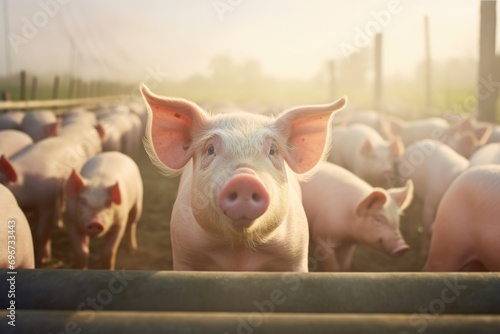 A large group of pigs gathered together in a pen. This image can be used to depict farm animals or livestock in a rural setting